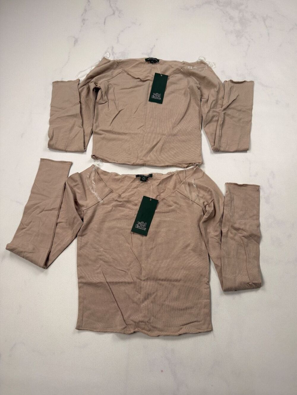 Wild Fable Blouse Beige Ribbed Long Sleeve Scoop Neck Lot of 2 - Womens XXS NWT